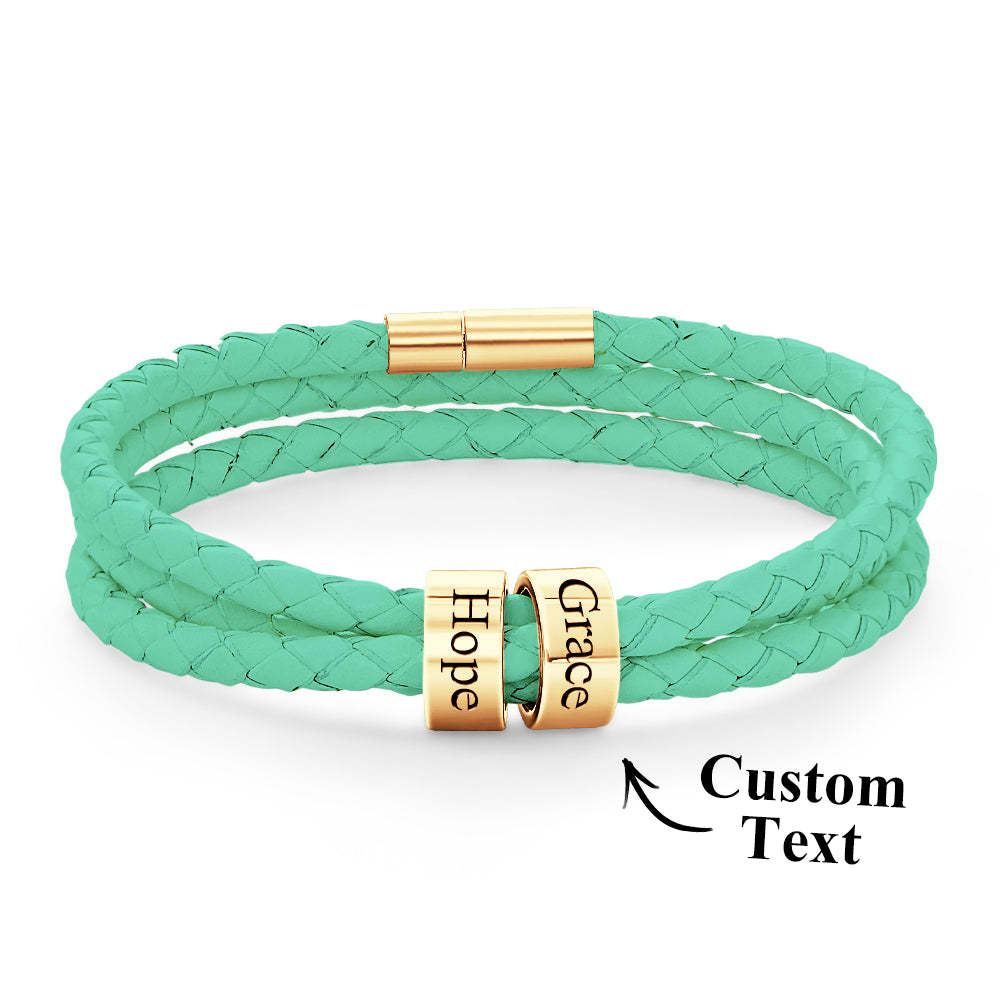 Men Braided Leather Bracelet with Small Custom Beads - NameNecklace