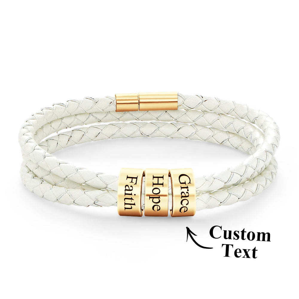 Men Braided Leather Bracelet with Small Custom Beads - NameNecklace