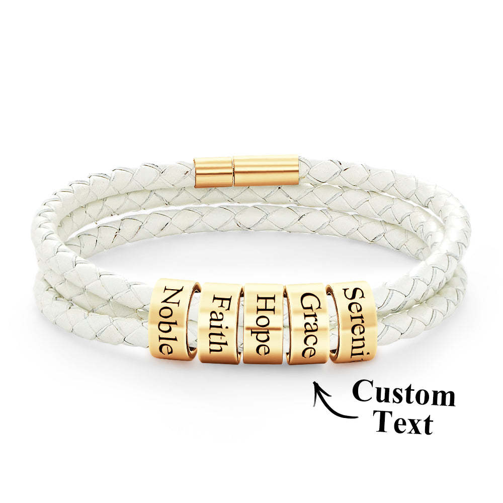 Men Braided Leather Bracelet with Small Custom Beads - NameNecklace