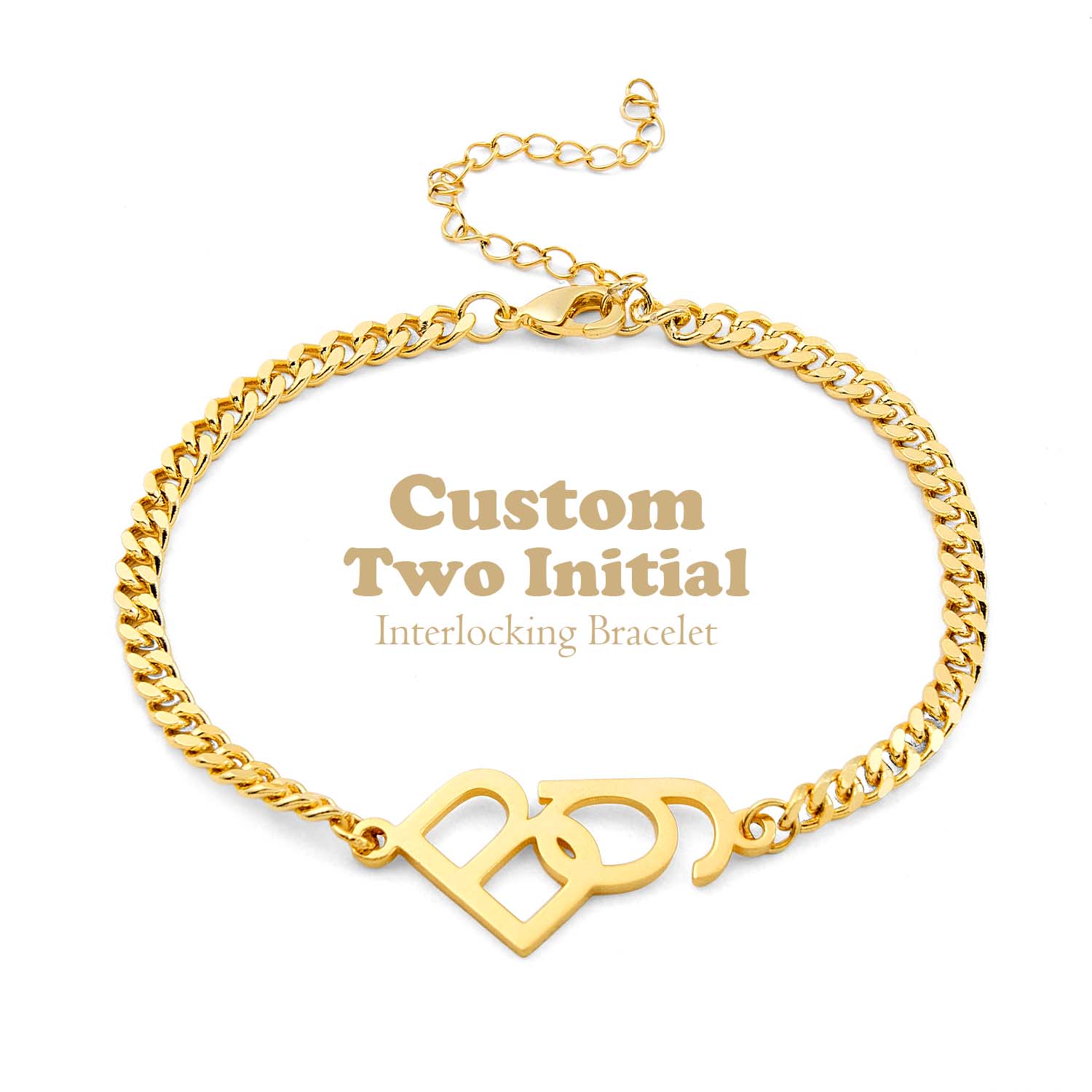 Personalized Interlocking Initial Bracelet Custom Two-Initial Curb Chain Bracelet Couples Bracelet with Intertwined Letters Relationship Gifts for Her
