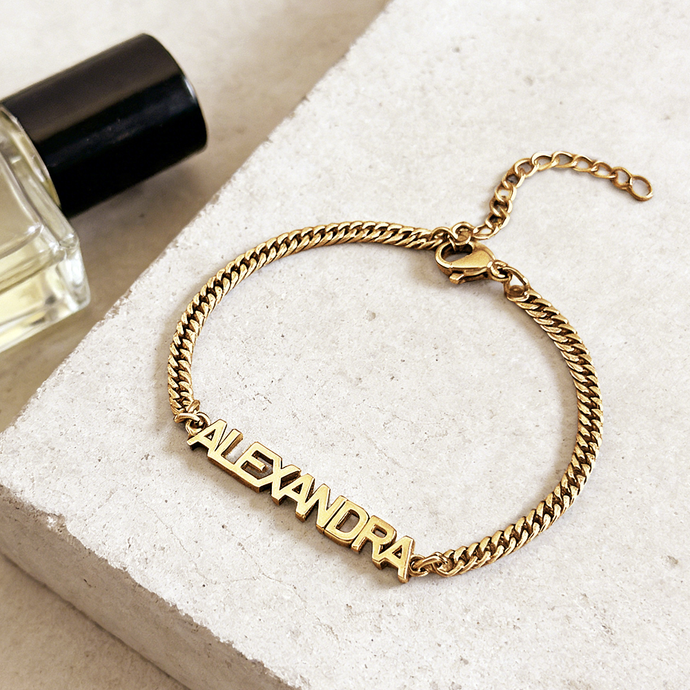 Custom Name Bracelet on Curb Chain Modern Block Letter Name Bracelet Personalized Heavy Chain Name Jewelry
