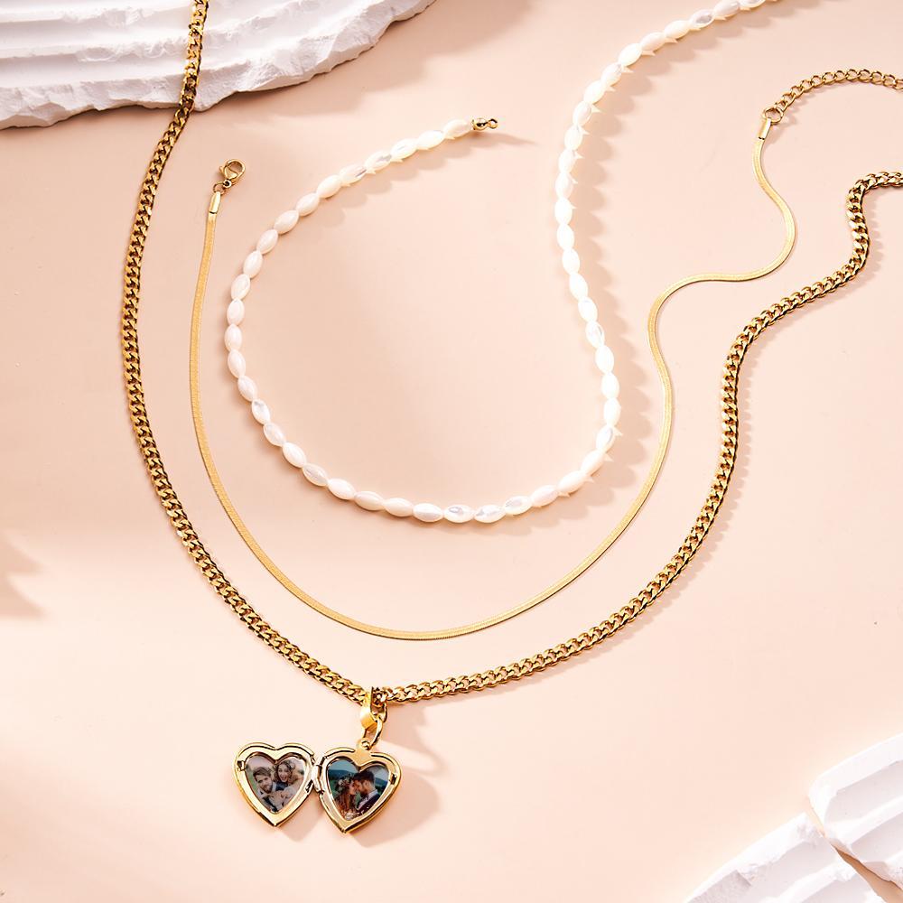 Triple Chain Set Photo Necklace Heart-shaped Personalized Photo Necklace Gift For Women - NameNecklace