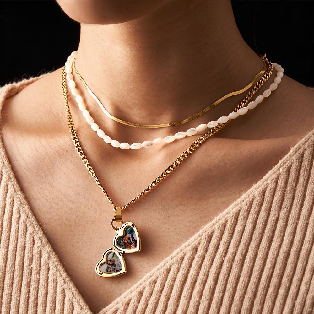 Triple Chain Set Photo Necklace Heart-shaped Personalized Photo Necklace Gift For Women - NameNecklace