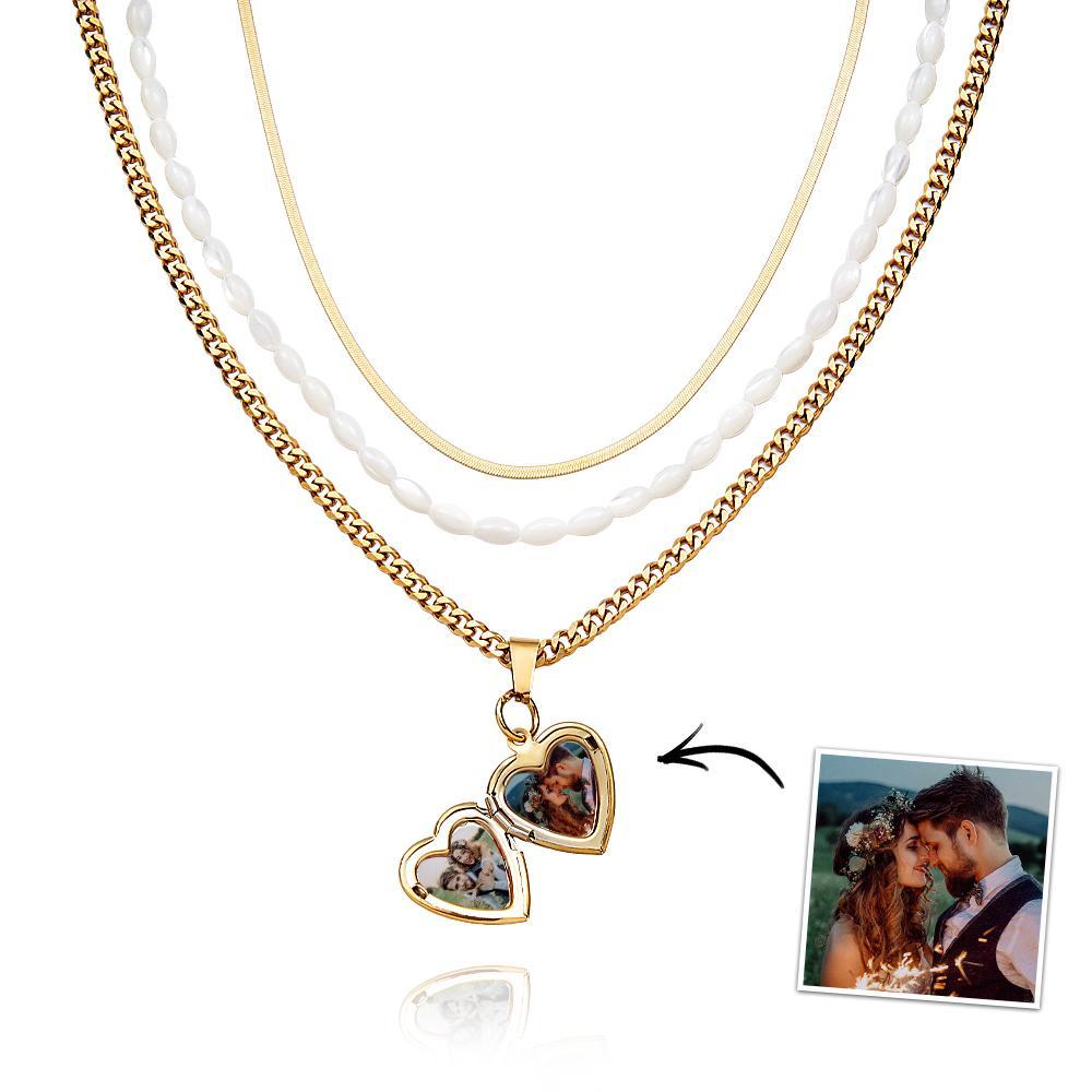 Triple Chain Set Photo Necklace Heart-shaped Personalized Photo Necklace Gift For Women - NameNecklace
