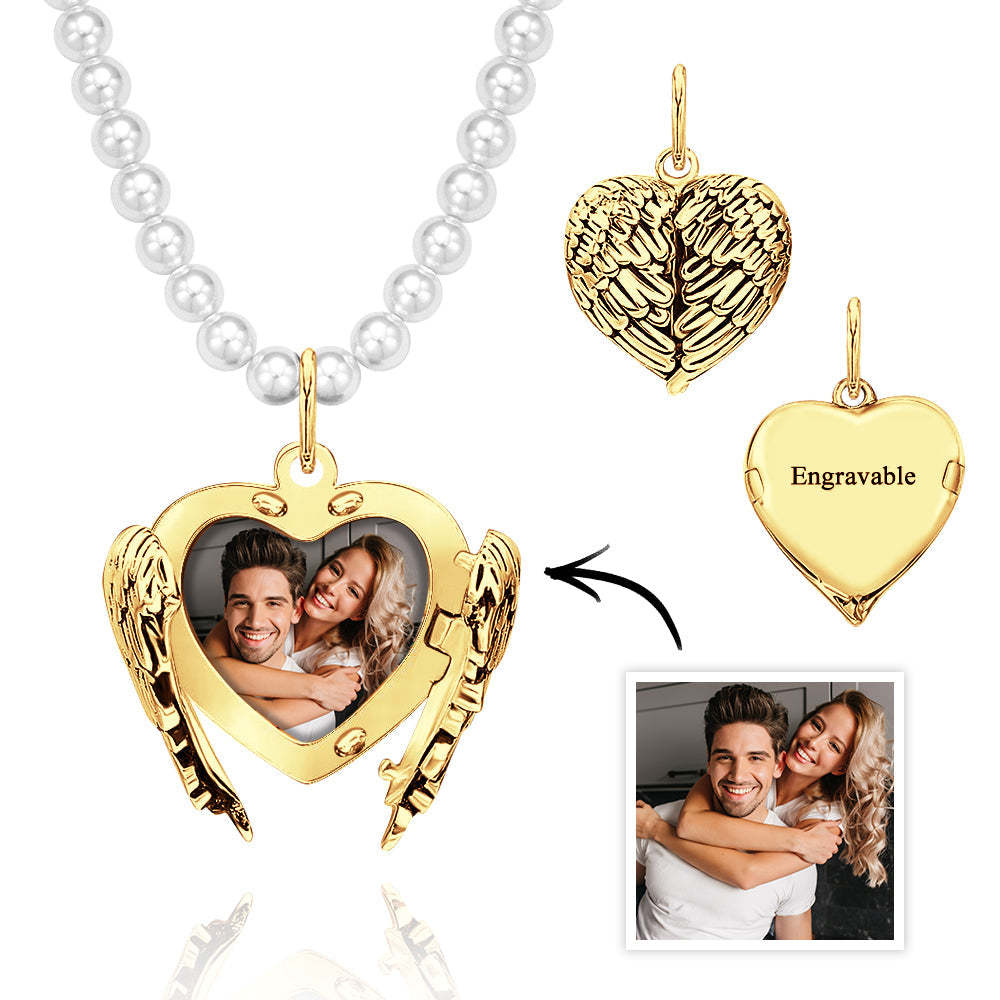 Custom Photo Necklace Angel Wings Pearl Couple Gift - NameNecklace