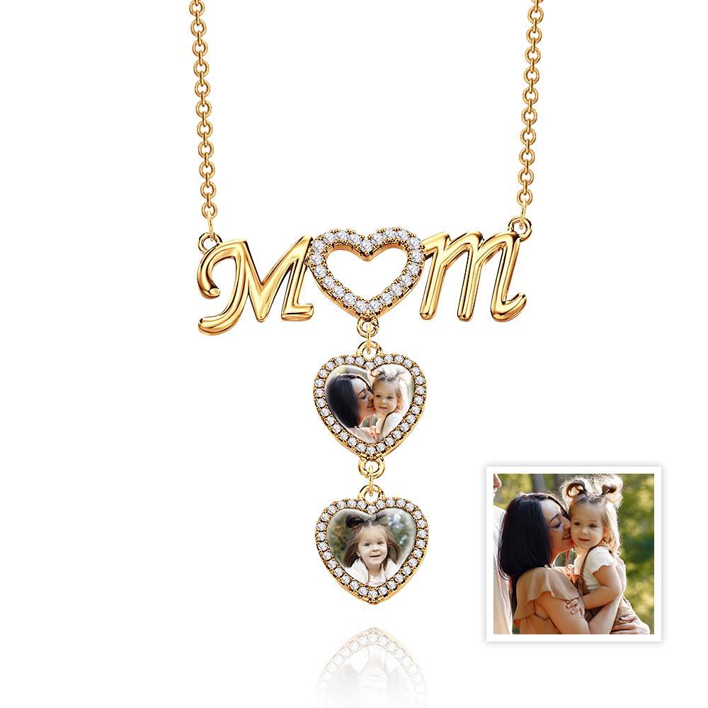 MOM Photo Necklace Personalized Diamond Heart Splice Memory Picture Pendant Gifts For Her - NameNecklace