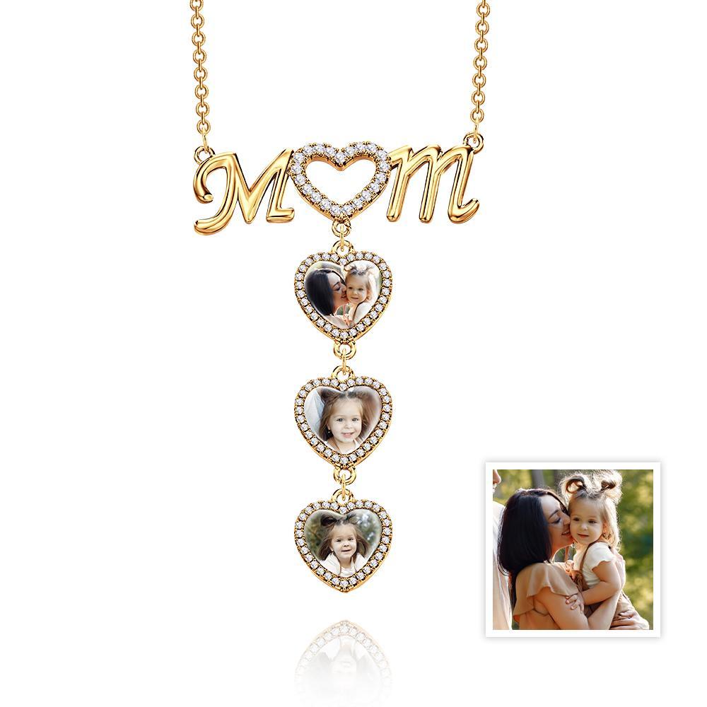 MOM Photo Necklace Personalized Diamond Heart Splice Memory Picture Pendant Gifts For Her - NameNecklace
