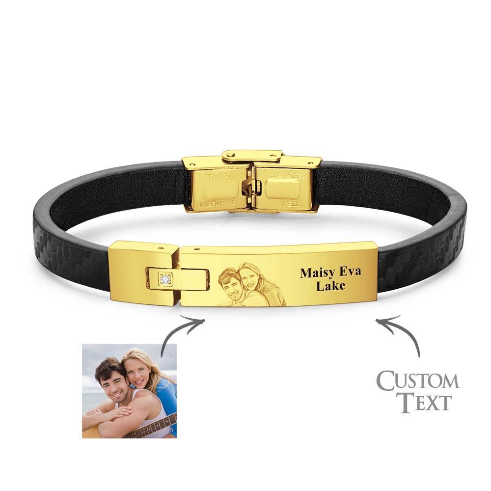 Custom Leather Bracelet Personalized Name and Photo Stainless Steel Bracelet Father's Day Gift - NameNecklace