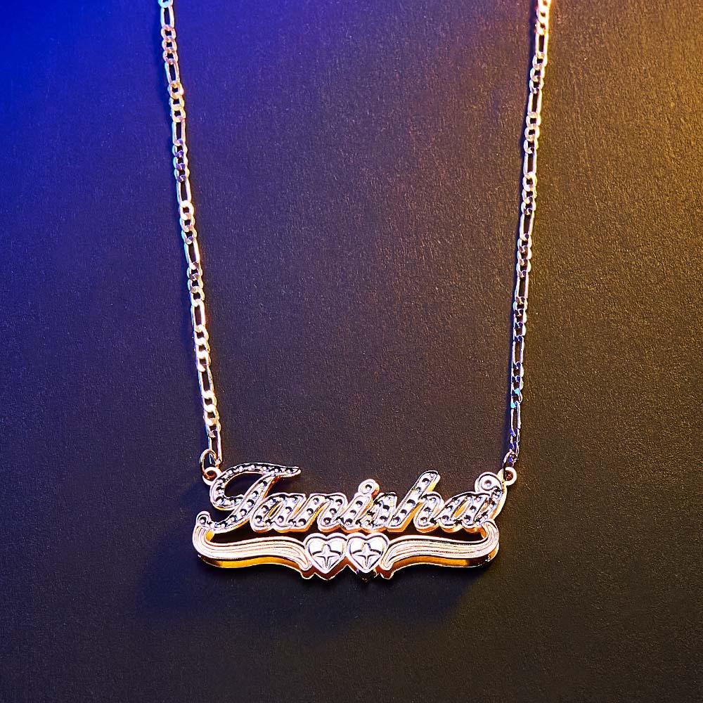 Personalized Hip Hop Name Necklace Double Hearts Decor Necklace Gifts for Men - NameNecklace