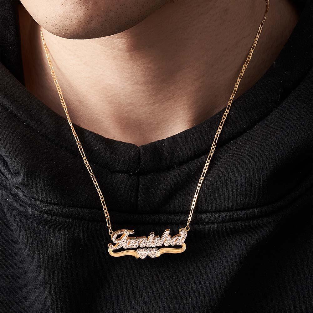 Personalized Hip Hop Name Necklace Double Hearts Decor Necklace Gifts for Men - NameNecklace