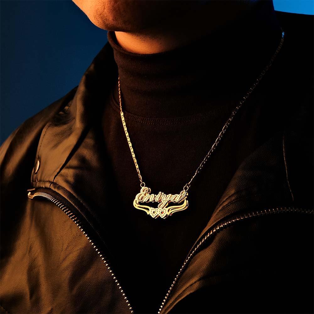 Personalized Name Necklace Double Heart Trendy Necklace Gifts for Men - NameNecklace