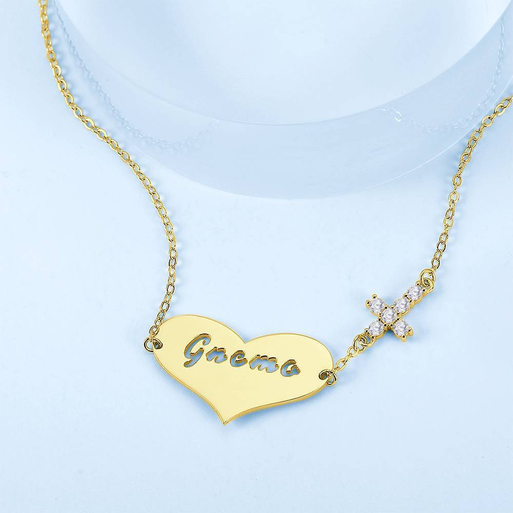 Hollow Letter with Cross Engraved Necklace 14K Gold Plated