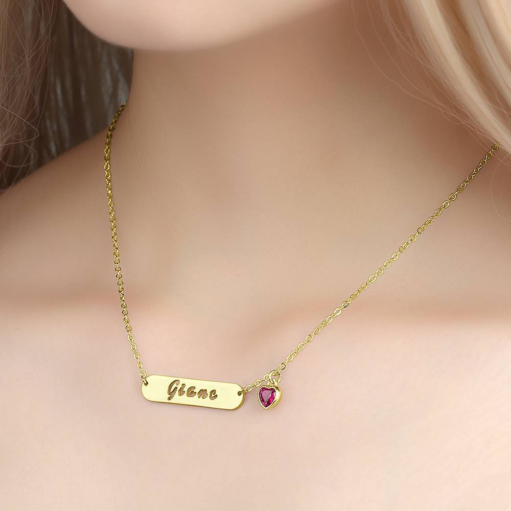 Hollow Carved Bar Name Necklace with Heart-shaped Birthstone 14K Gold Plated