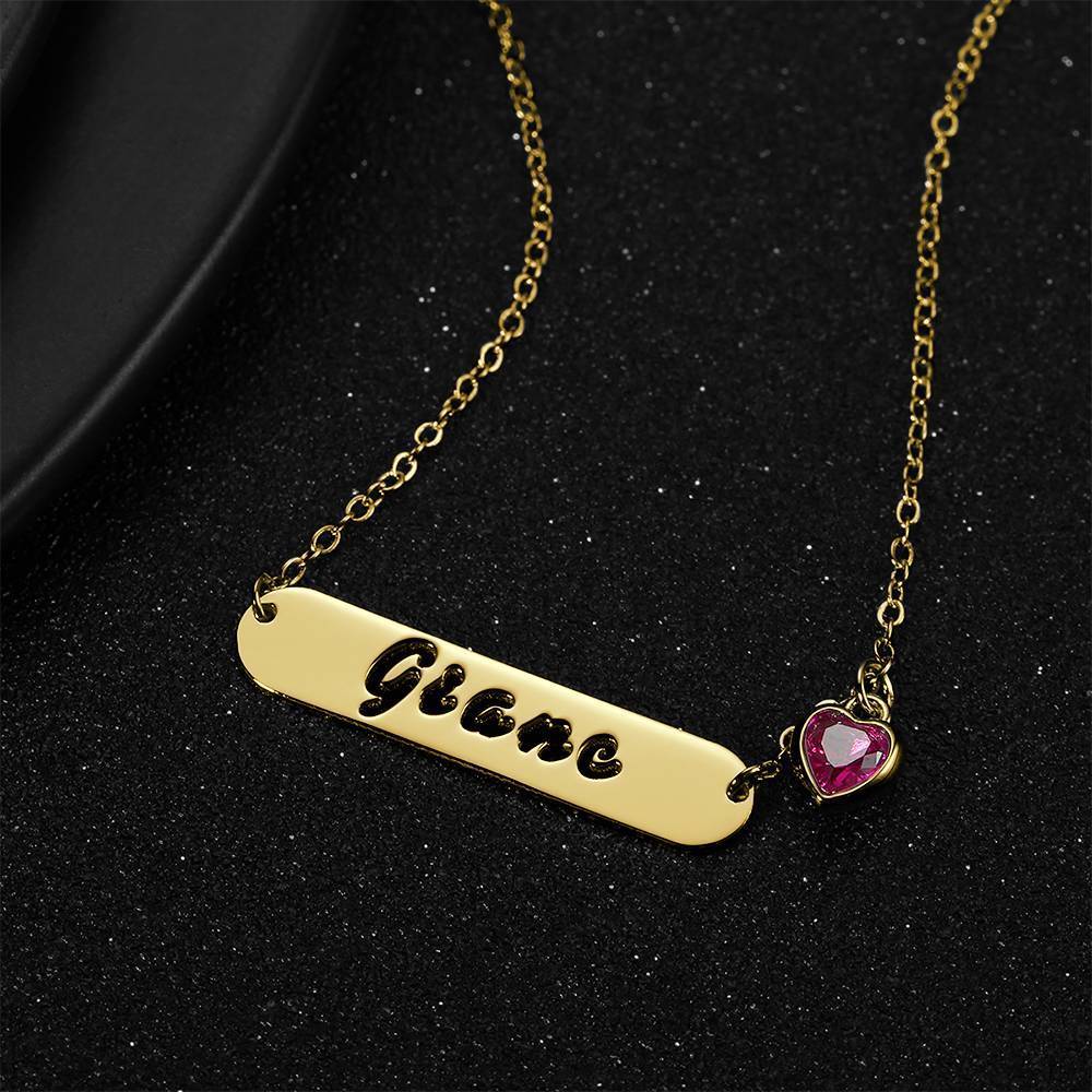Hollow Carved Bar Name Necklace with Heart-shaped Birthstone 14K Gold Plated