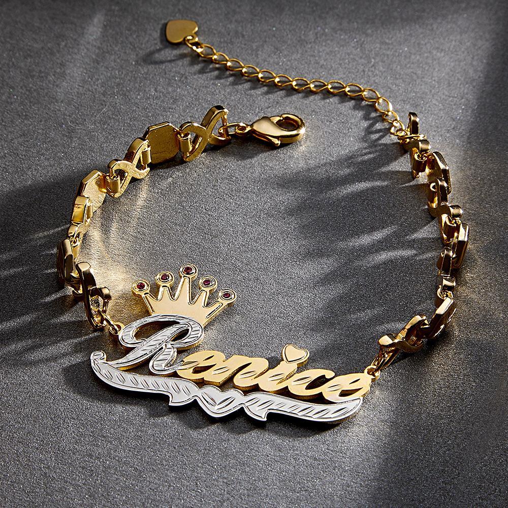 Personalized Hip Hop Name Bracelet With Crown Initial Red Decor Chain Bracelet Jewelry Gifts For Men - NameNecklace