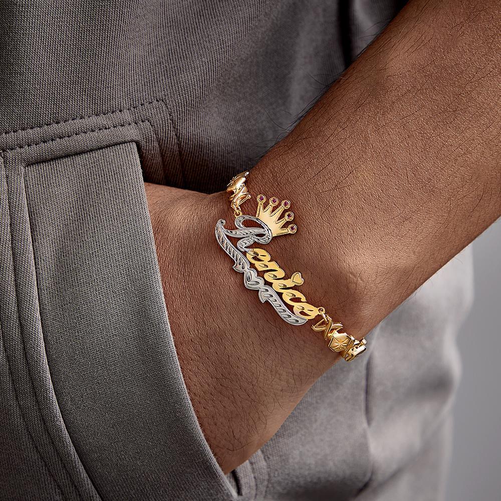 Personalized Hip Hop Name Bracelet With Crown Initial Red Decor Chain Bracelet Jewelry Gifts For Men - NameNecklace