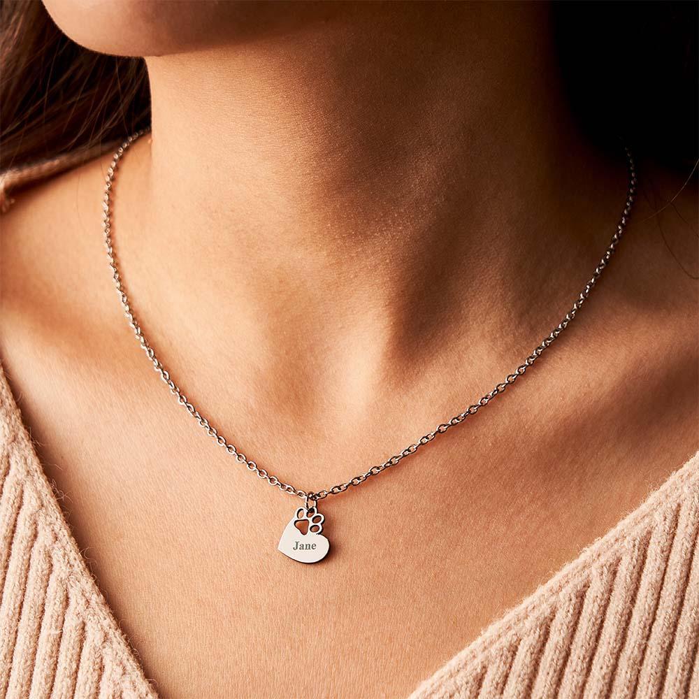 Custom Engraved Pawprint Cutout Heart Necklace Beautiful Pet Theme Pendant Necklace For Pet Lovers - NameNecklace