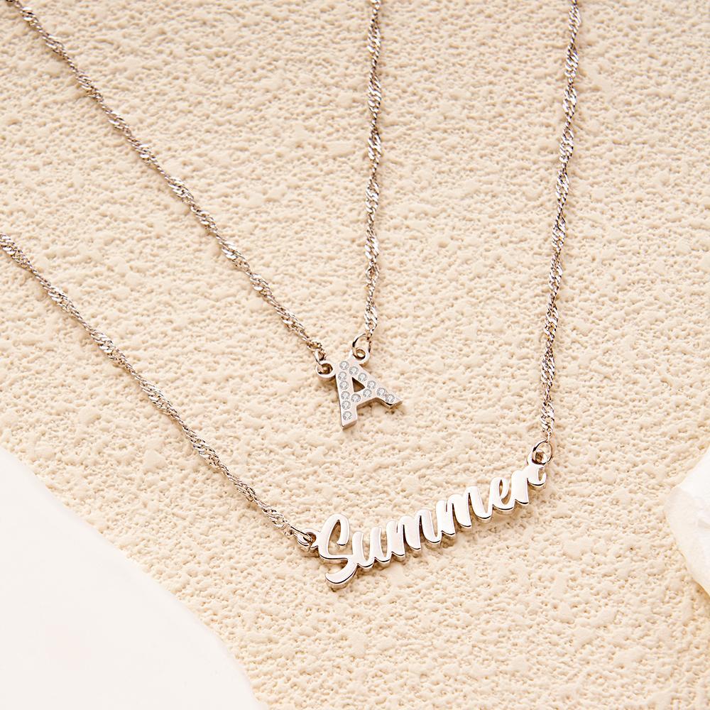 Double Chain Name Necklace Layered Necklace Custom Gold Initial Necklace, Personalized Letter Name Necklace Gift for Her - NameNecklace