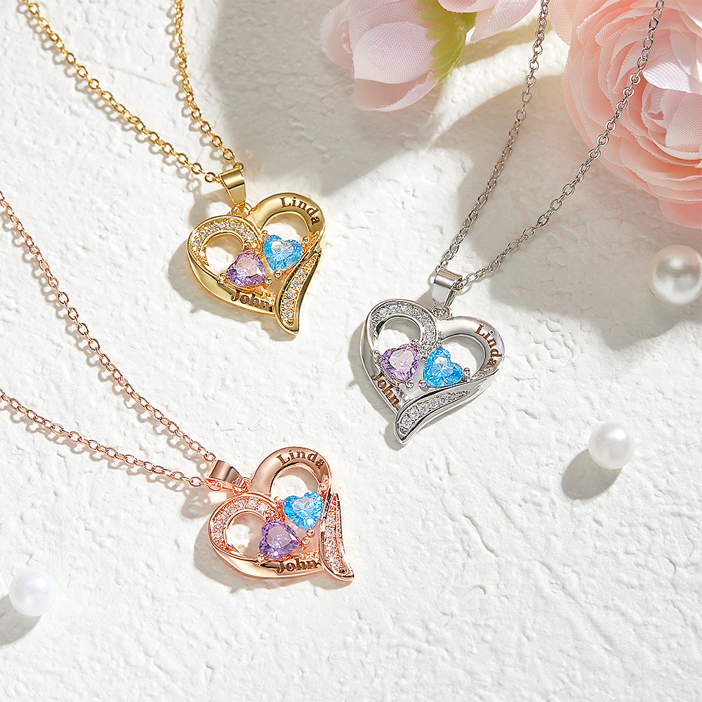 Personalized Sterling Silver Heart Necklace with Two Names & Birthstones Custom Name & Birthstone Heart Necklace Engraved Double-Name Heart Necklace