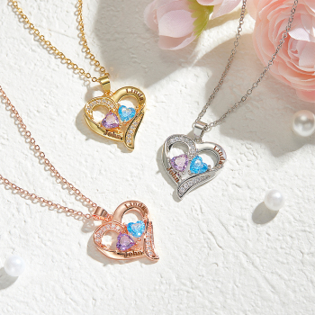 Personalized Sterling Silver Heart Necklace with Two Names & Birthstones Custom Name & Birthstone Heart Necklace Engraved Double-Name Heart Necklace
