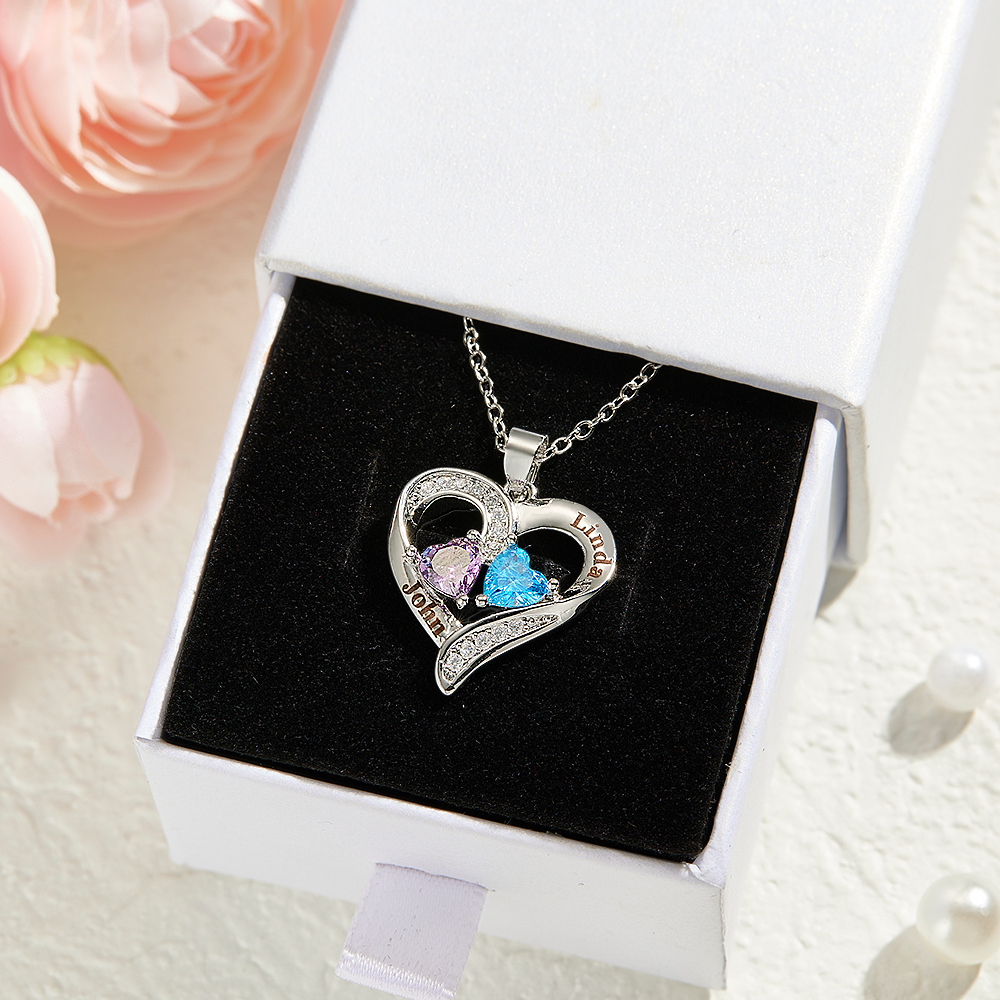 Personalized Sterling Silver Heart Necklace with Two Names & Birthstones Custom Name & Birthstone Heart Necklace Engraved Double-Name Heart Necklace