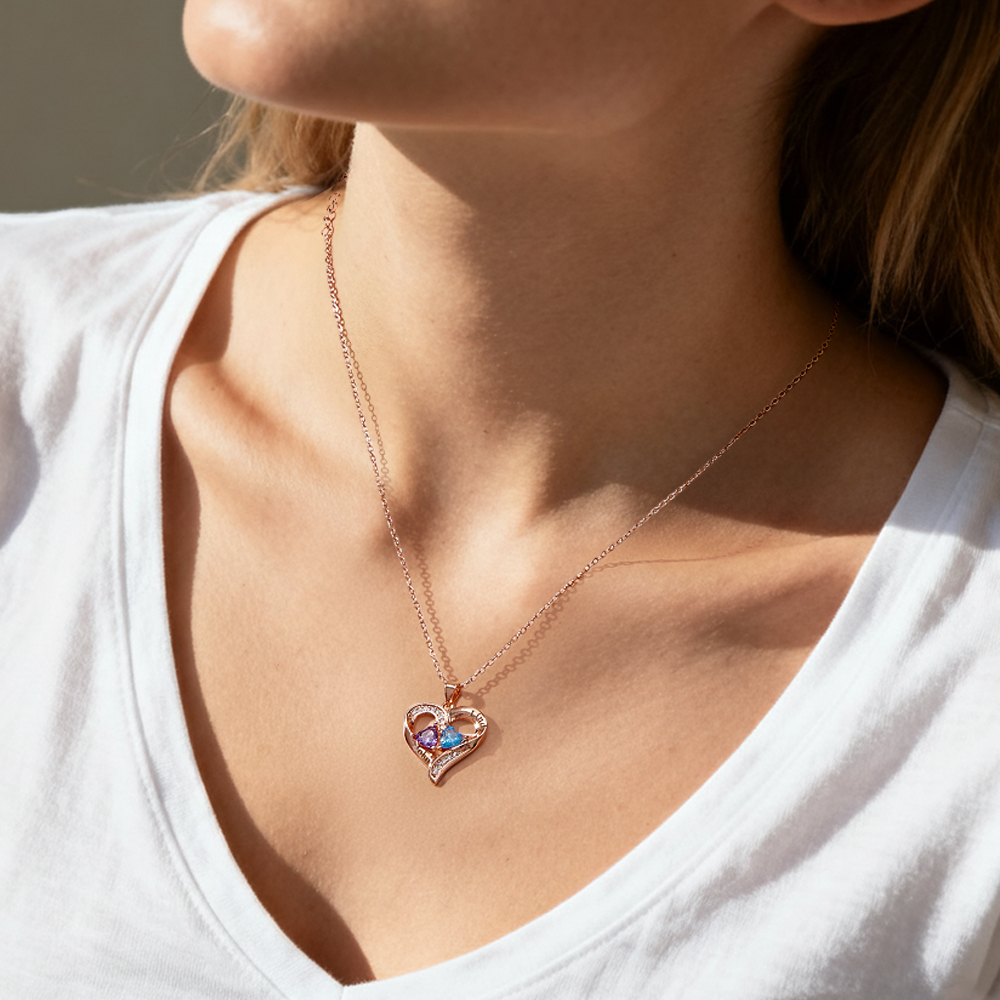 Personalized Sterling Silver Heart Necklace with Two Names & Birthstones Custom Name & Birthstone Heart Necklace Engraved Double-Name Heart Necklace