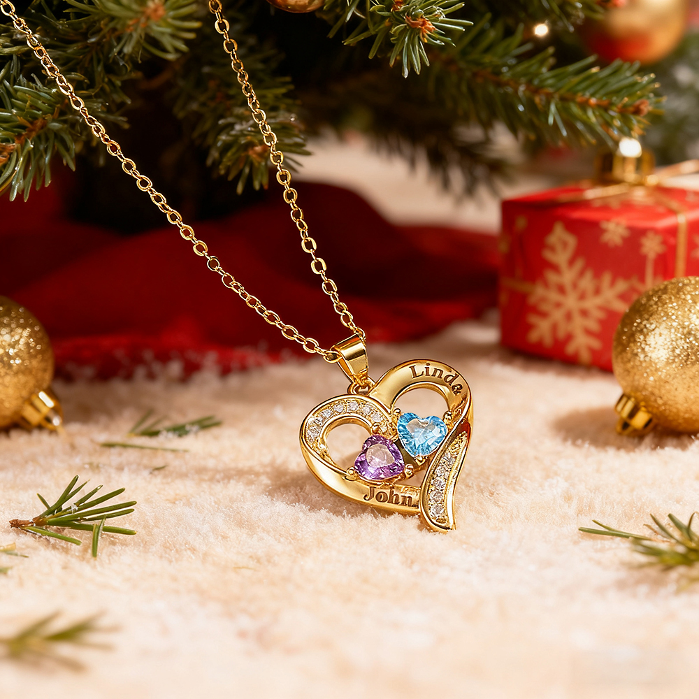 Personalized Sterling Silver Heart Necklace with Two Names & Birthstones Custom Name & Birthstone Heart Necklace Engraved Double-Name Heart Necklace