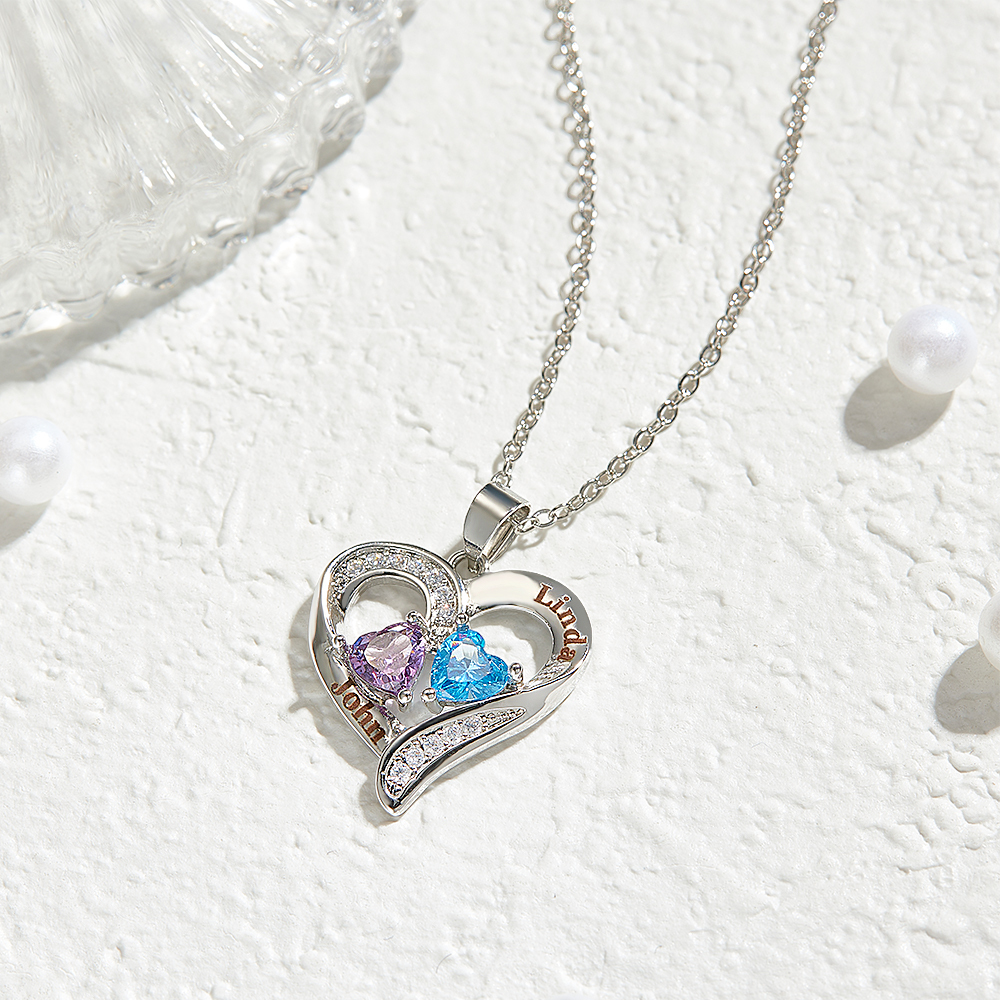 Personalized Sterling Silver Heart Necklace with Two Names & Birthstones Custom Name & Birthstone Heart Necklace Engraved Double-Name Heart Necklace