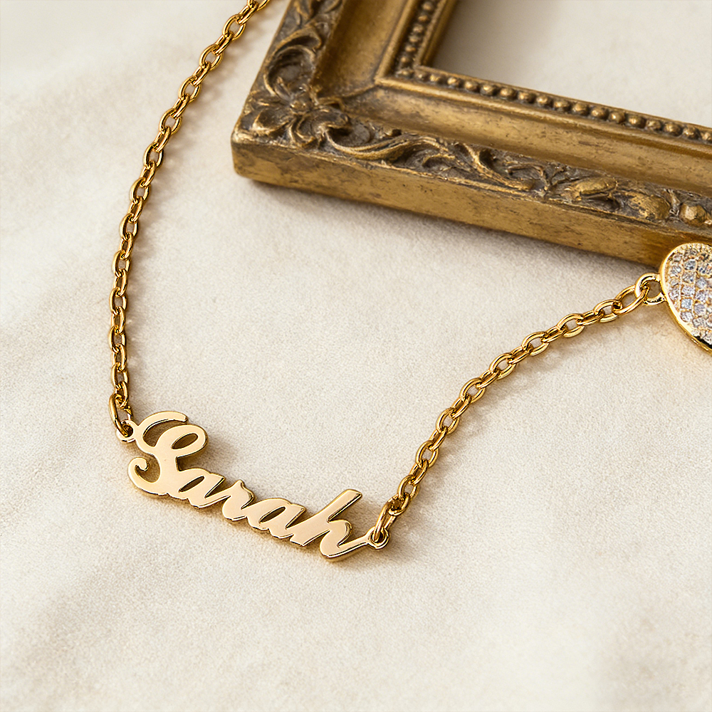Personalized Pave Heart & Name Charm Necklace Custom Name & Diamond Heart Dainty Necklace Couple Name Necklace Gift for Her
