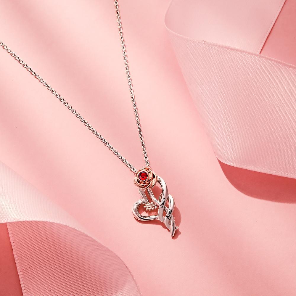 Personalized Rose Necklace with Red Birthstone Pretty Gift for Mom - NameNecklace