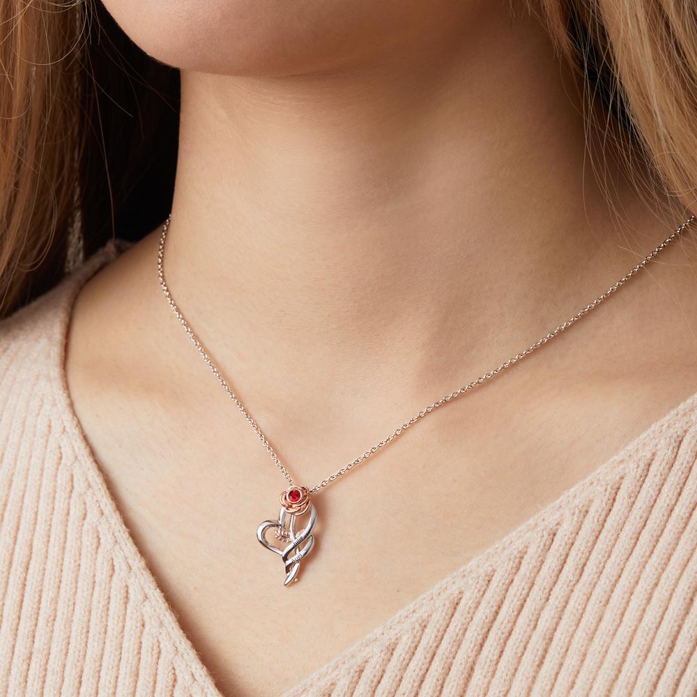 Personalized Rose Necklace with Red Birthstone Pretty Gift for Mom - NameNecklace