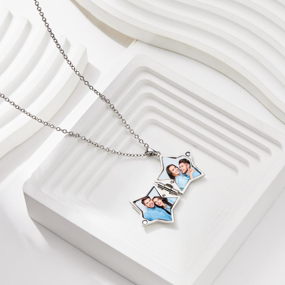 Star Locket Photo Necklace Personalized Engraved Memorial Picture Pendant Gift For Her - NameNecklace