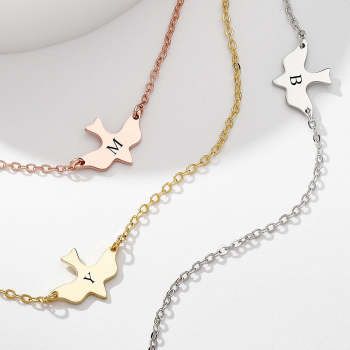 Initial Bird Engraved Necklace 14k Gold Plated