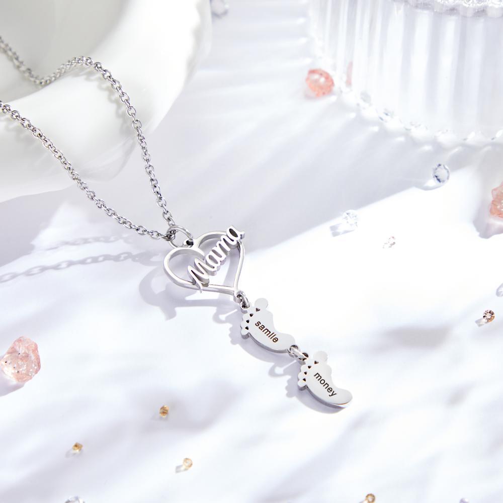 Custom Engraved Name Necklace Love MaMa Heart Baby Feet Charm - NameNecklace