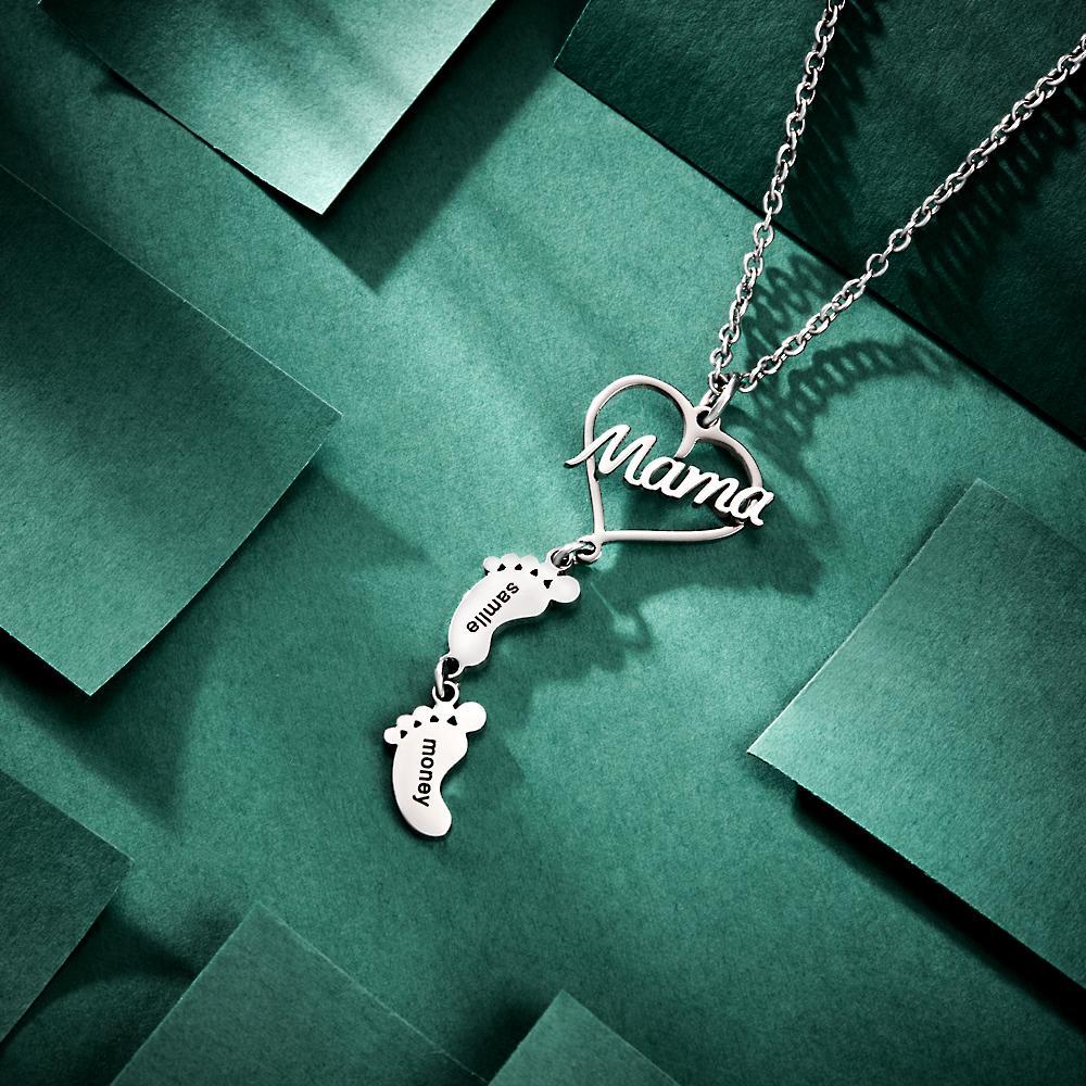 Custom Engraved Name Necklace Love MaMa Heart Baby Feet Charm - NameNecklace