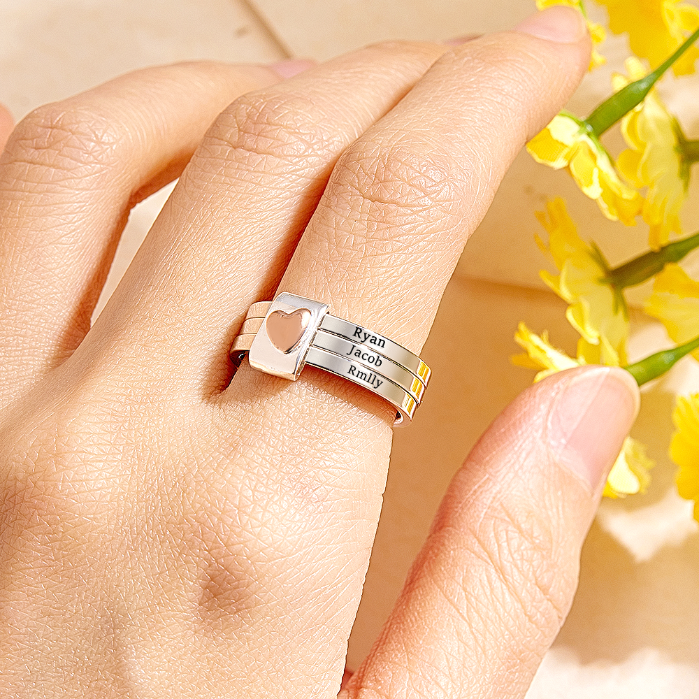Personalized Stackable Name Rings with Heart Custom Family Name Jewelry Custom Engraved Name Rings Family Name Stackable Rings
