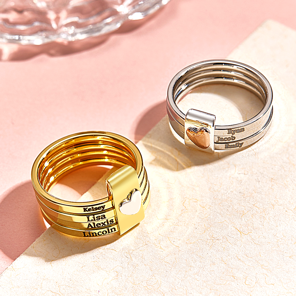 Personalized Stackable Name Rings with Heart Custom Family Name Jewelry Custom Engraved Name Rings Family Name Stackable Rings