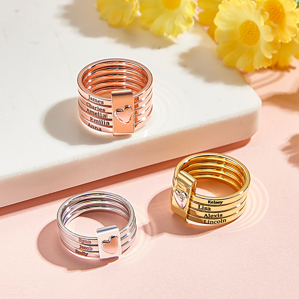Personalized Stackable Name Rings with Heart Custom Family Name Jewelry Custom Engraved Name Rings Family Name Stackable Rings