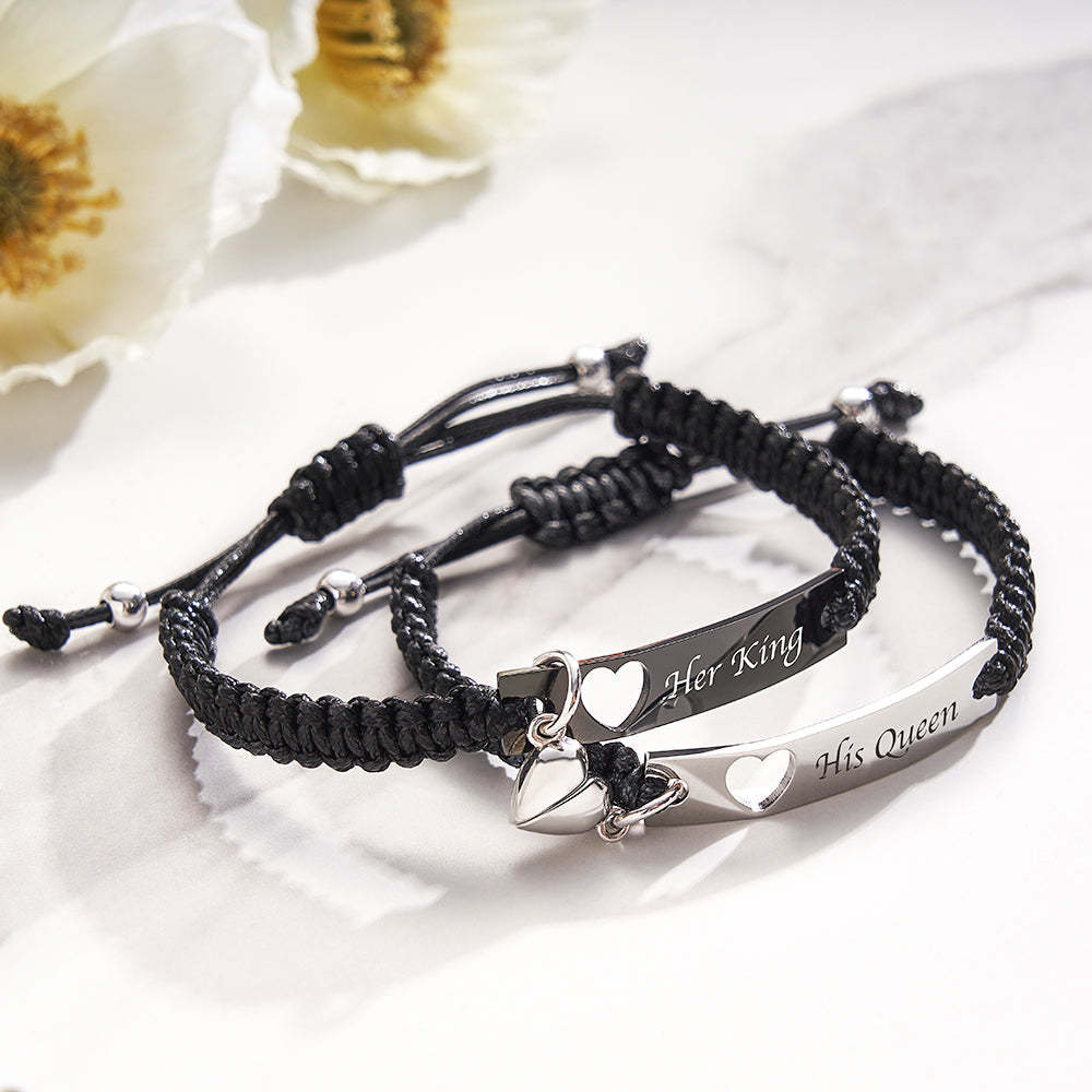 Personalized Stainless Steel Braided Rope Adjustable Hollow Heart Couples Matching Bracelets - NameNecklace