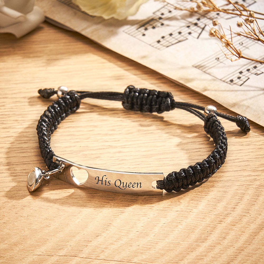 Personalized Stainless Steel Braided Rope Adjustable Hollow Heart Couples Matching Bracelets - NameNecklace