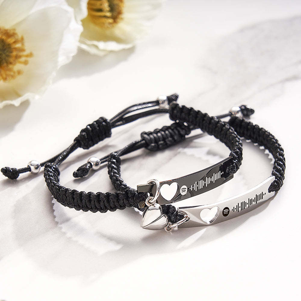 Personalized Stainless Steel Braided Rope Adjustable Hollow Heart Couples Matching Bracelets - NameNecklace