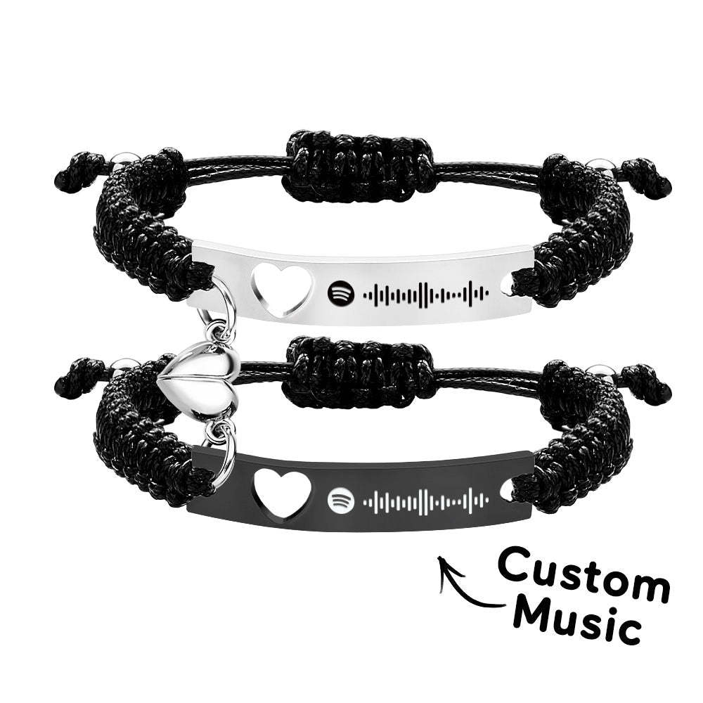 Personalized Stainless Steel Braided Rope Adjustable Hollow Heart Couples Matching Bracelets - NameNecklace