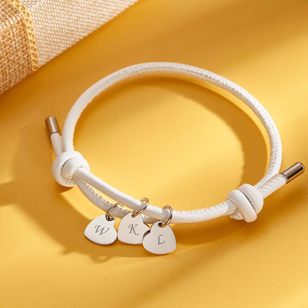 Engraved Leather Bracelet With Heart Pendants Exquisite Adjustable Bracelet Gifts For Lovers - NameNecklace