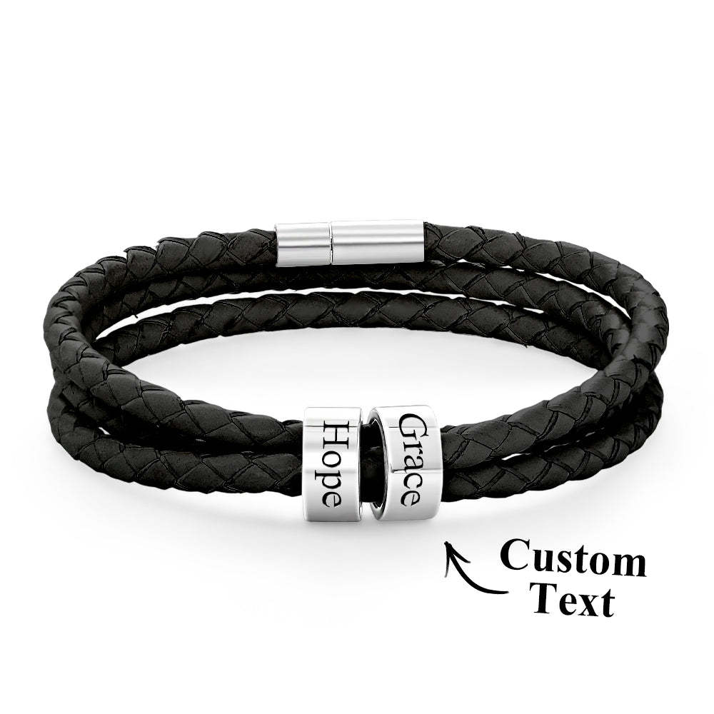 Men Braided Leather Bracelet with Small Custom Beads - NameNecklace