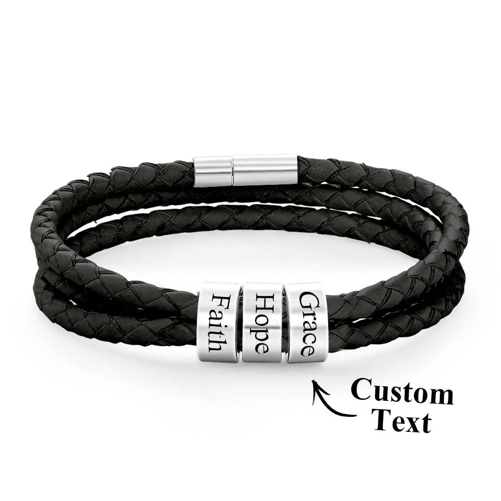 Men Braided Leather Bracelet with Small Custom Beads - NameNecklace