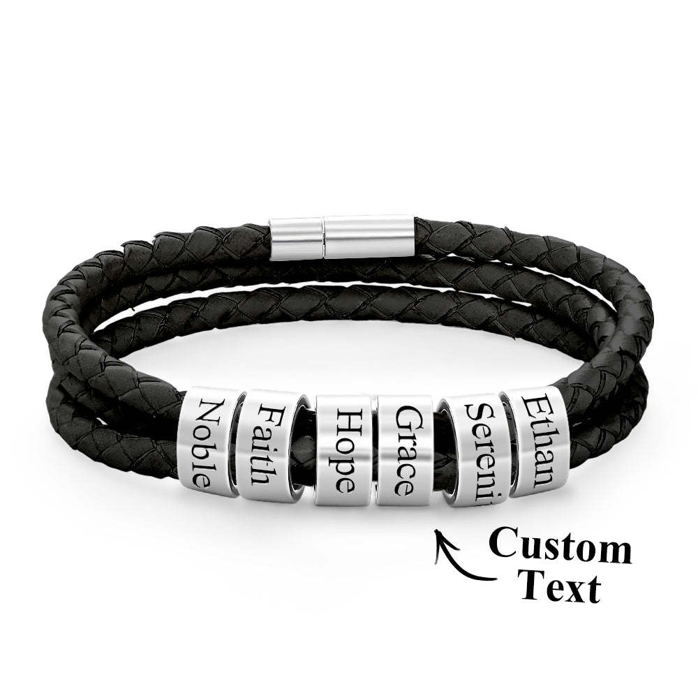 Men Braided Leather Bracelet with Small Custom Beads - NameNecklace