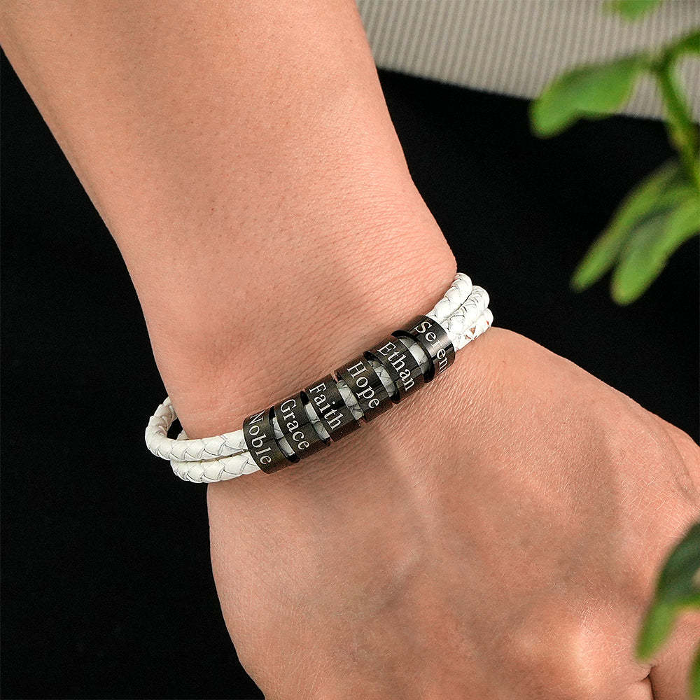 Men Braided Leather Bracelet with Small Custom Beads - NameNecklace