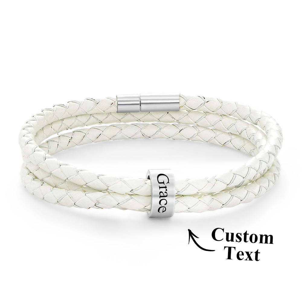 Men Braided Leather Bracelet with Small Custom Beads - NameNecklace