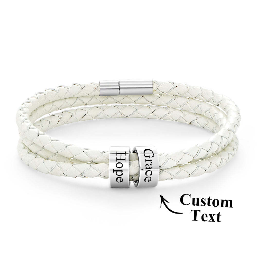 Men Braided Leather Bracelet with Small Custom Beads - NameNecklace