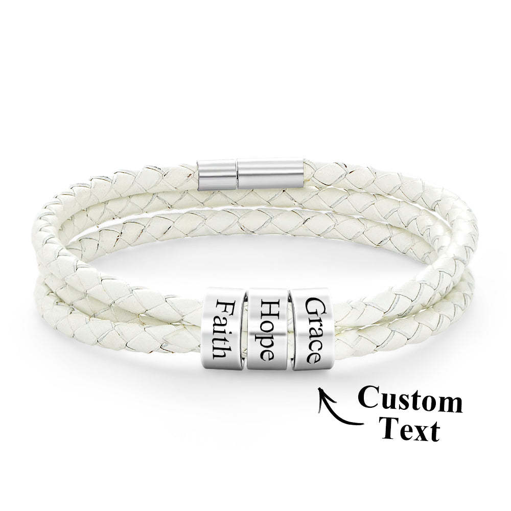 Men Braided Leather Bracelet with Small Custom Beads - NameNecklace